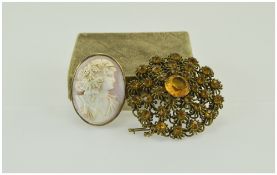 Carved Coral Cameo Brooch, Depicting A The Goddess Flora, Mounted In A 9ct Gold Frame.