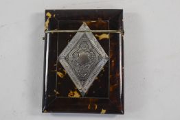 19thC Tortoise Shell Card Case, Hinged Lid, The Front With Mother Of Pearl And Silver Cartouche.