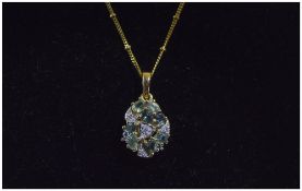 Ladies 9ct Gold Elegant Set Sapphire and Diamond Pendant / Cluster Drop with Attached 9ct Gold