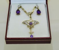 9ct Gold Art Nouveau Style Openwork Pendant Set With A Central Amethyst And Drop And Diamond Chips,