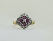 18ct Gold Set Ruby and Diamond Cluster Ring. Fully Hallmarked.