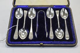 Set Of Six Silver Teaspoons And Matching Sugar Tongs,