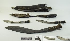 Military Gurkha Kukri Knife And Scabbard Together With Two Smaller Similar Knives