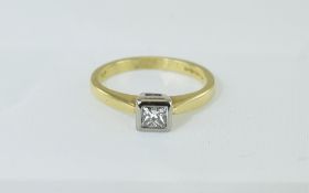 18ct Gold Set Single Stone Diamond Ring, The Princes Cut Diamond of Good Colour and Clarity.