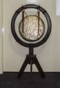 Early 20thC Floor Standing Gong Arts And Crafts Oak Frame With Large Brass Gong,