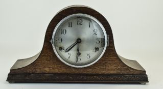 Early 20thC Oak Cased Mantle Clock, Silvered Dial With Arabic Numerals.