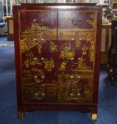 Modern 20thC Chinoiserie Decorated Chest Of 5 Drawers Red Lacquered,