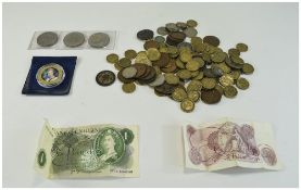 Bag Containing A Quantity Of Low Value Coins And Bank Notes Mostly Queen Elizabeth II,