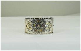 Victorian - Nice Quality Silver Hinged Bangle with Floral Rose and Yellow Gold Overlay and Turret