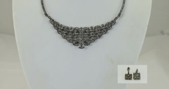 Antique Silver Marcasite Set Necklace. 16 Inches In Length with Matching Pair of Earrings.