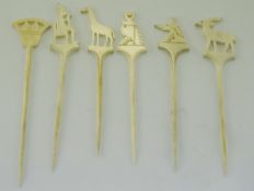 Ivory Set of Six Cocktail Sticks with Egyptian Influence. c.1920's. Each 4 Inches In Length.