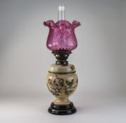 Early 20thC Oil Lamp Floral Decorated Body, Cranberry Glass Shade,