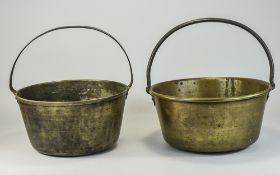 Victorian Solid and Heavy Pair of Large Brass Jam Pans with Handles. In Good Condition. No Holes.
