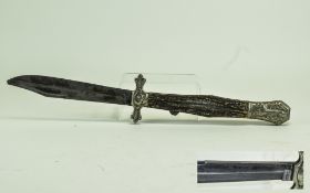Early 19thC Fighting Lock Knife 7½ Inch Folding Blade With Horn Handle And Embossed Pommel,