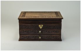 Carved Wooden Jewellery Box With Hinged Lid And Two Drawers