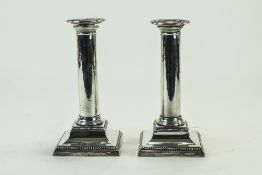 Victorian Pair of Silver Corinthian Column Candlesticks of Plain Form with Square Spreading Base