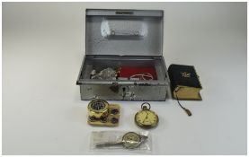 Small Metal Cash Box Containing A Mixed Lot Of Oddments And Collectables,
