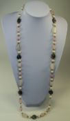 Rose Quartz, White and Peacock Fresh Water Pearl Long Necklace,