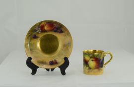 Royal Worcester Fine Hand Painted Miniature Coffee Can and Saucer ' Fallen Fruits Stillife, Pears,