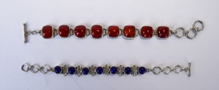 A Fine Quality Couple of Cabuchon Cut Red and Blue Stone Set Silver Bracelets, In The 1920's Style.