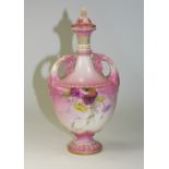 Royal Worcester Hand Painted Blush Pink and Floral Decorated Twin Handle Vase and Cover. Date 1894.