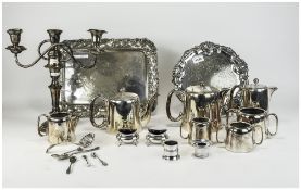 Mixed Lot Of Silver Plate, Comprising Three Light Candelabrum, Serving Tray,