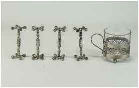 Antique - Solid Set of 4 Silver Plated Knife Rests + Silver Plated Cup Holder with Glass,