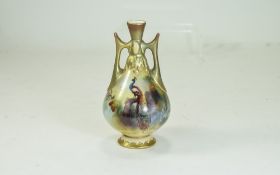 Royal Worcester Hand Painted Twin Handle Vase ' Peacock In a Woodland Setting ' Signed Bray,