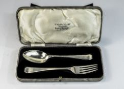 A 1930's Silver Christening Set Comprises Spoon and Fork, Boxed, Hallmark Sheffield 1934,