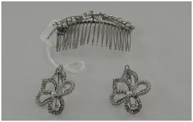 White Austrian Crystal and Faux Pearl Hair Comb of flower and leaf design,