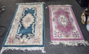 Two Small Modern Wool Rugs, Pink A Green With Beige Floral Pattern,