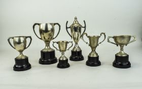Collection Of 8 Silver Plated Trophies, 7 Unmarked Raised On Black Bases,