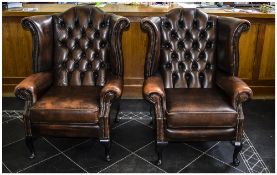 Pair Of Matching Brown Leather Chesterfield Wingback Arm Chairs, Button Backs, Cushion Seats,