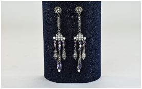 Victorian - Impressive Pair of Silver Gypsy Style Drop Earrings, Set with Seed Pearls,