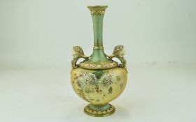 Royal Worcester Hand Painted Twin Handle ' Thistles ' Decorated Vase with Cherubs Mask Head Handles.