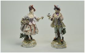 German Hand Painted Porcelain Early 20th Century Pair of Figures In 18th Century Dress.