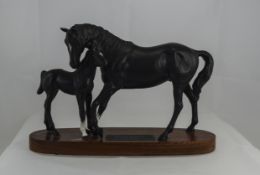 Beswick Horse Figure - Black Beauty and Foal, Raised on a Wooden Plinth. Height 8 Inches.