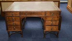 Early 20thC Golden Oak Twin Partners Desk One Side Fitted With Three Frieze Drawers And Two Banks