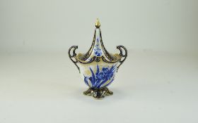 Royal Doulton Unusual Shaped Twin Handled Lidded Vase / Bowl ' Blue Iris ' Pattern. c.1900. 8.