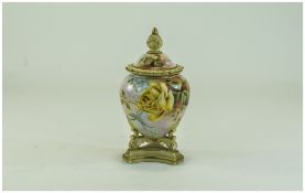 Locke & Co Worcester Hand Painted Lidded Vase, Raised on a Tripod Base, Roses Stillife. c.1880's.