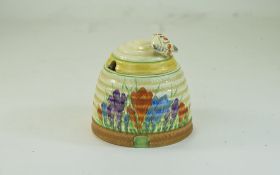 Clarice Cliff Hand Painted Lidded Beehive Honey Preserve Pot ' Crocus ' Design. c.1929. Height 4.