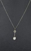 A Platinum Set Cultured Pearl And Diamond Pendant Drop, Attached To A 9ct White Gold Chain,