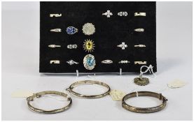 A Collection Of Silver Rings, 19 In Total, Plus 3 Silver Bangles, 1 Silver Medal, 23 Items In Total,