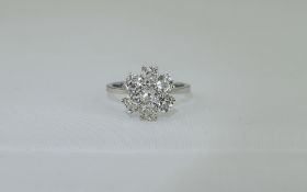 Ladies White Gold Flower Head Diamond Cluster Ring Claw Mount, Set With 7 Old Cut Diamonds,