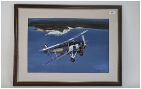R Wells Framed And Glazed Watercolour Depicting A Bi-Plane Signed And Dated Bottom Right 14 x 21
