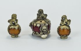 Small Oriental Incense Burner Red Body Covered In White Metal With Three Lion Masks,