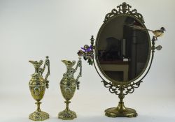 Brass Framed Dressing Table Mirror, Height 23 Inches Together With Two Brass Ornamental Ewers,