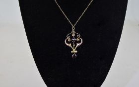 Victorian Fine 9ct Gold Garnet Set Pendant Drop With Attached 9ct Gold Chain, Marked 9ct.