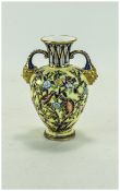 Royal Crown Derby Twin Mask Handle Vase ' Flowers and Birds ' Decoration on Yellow Ground.
