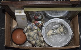 Box Of Miscellaneous. Including Framed Pictures, Ceramic Figure, etc.
